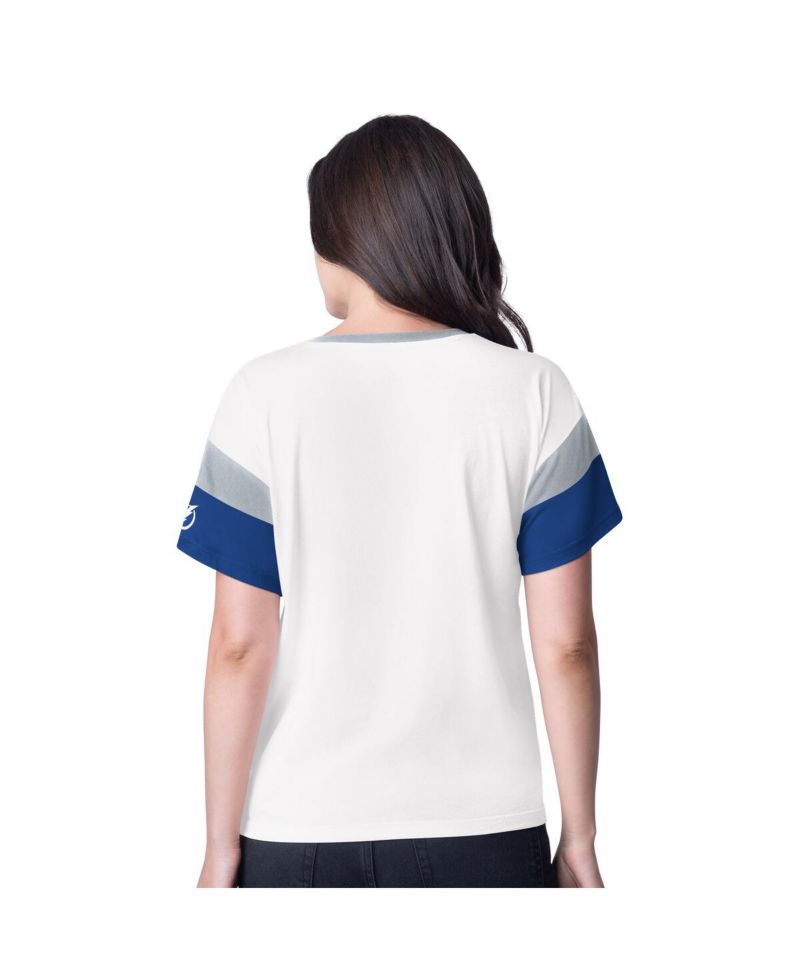 Women's White Tampa Bay Lightning Rink Oversized Rhinestone V-Neck T-Shirt