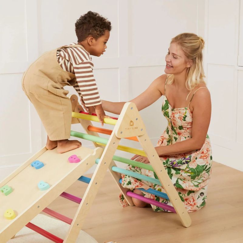 Pikler Triangle Set, 7-in-1 Wooden Montessori Climbing Toy Set, Toddler Indoor Playground Jungle Gym - Rainbow
