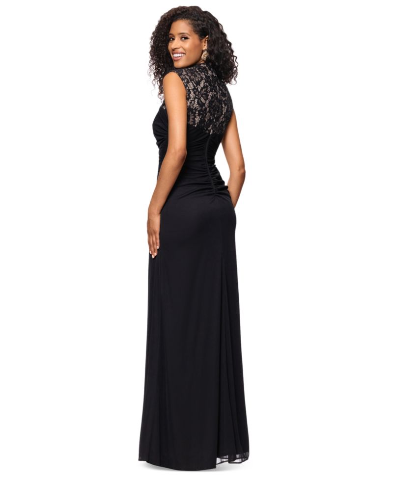 Betsy & Adam Women's Lace-Trim Ruched Jersey Gown