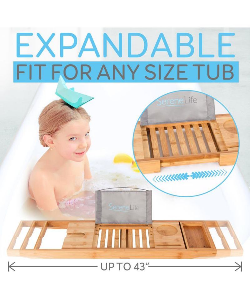 Toddler Luxury Bamboo Bathtub Caddy Tray, Adjustable Bath Organizer With Wine Holder and Phone Slot