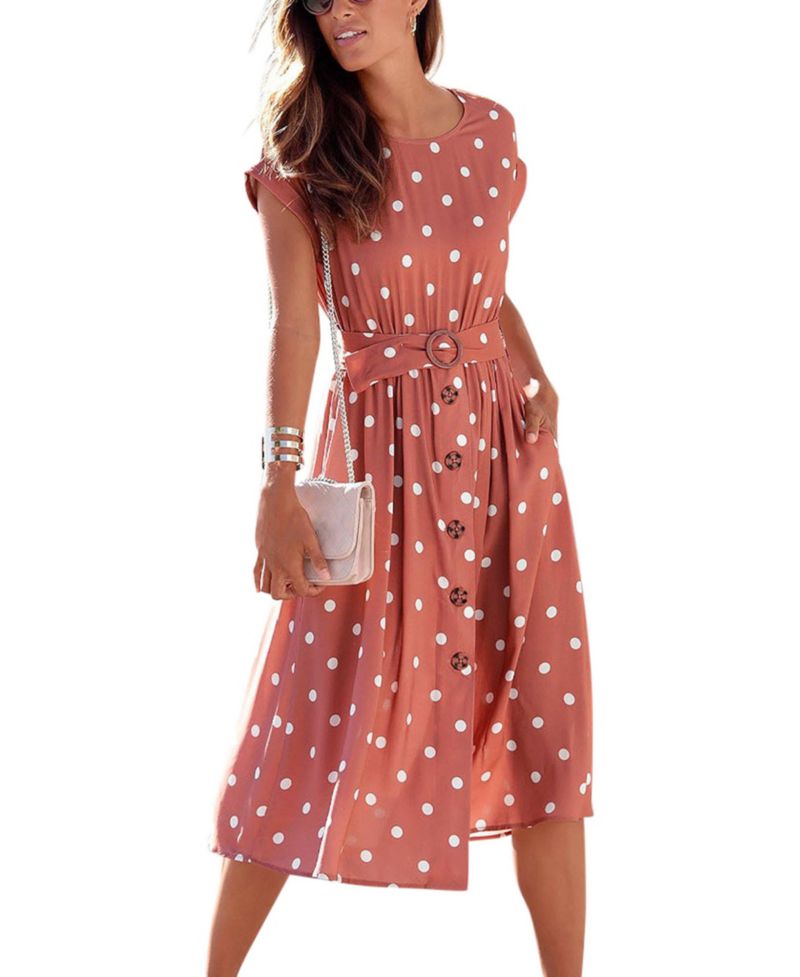 Women's Polka-Dot Short-Sleeve Belted Midi Dress