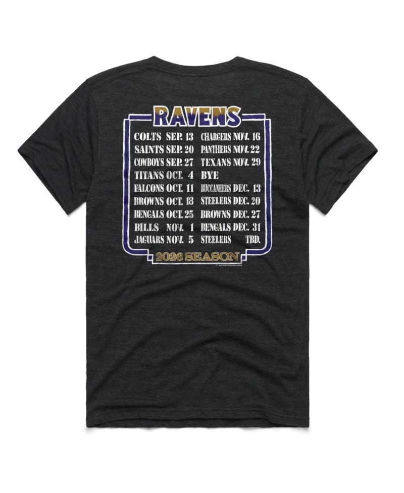 Men's and Women's Charcoal Baltimore Ravens 2026 NFL Schedule Queen Tri-Blend T-Shirt