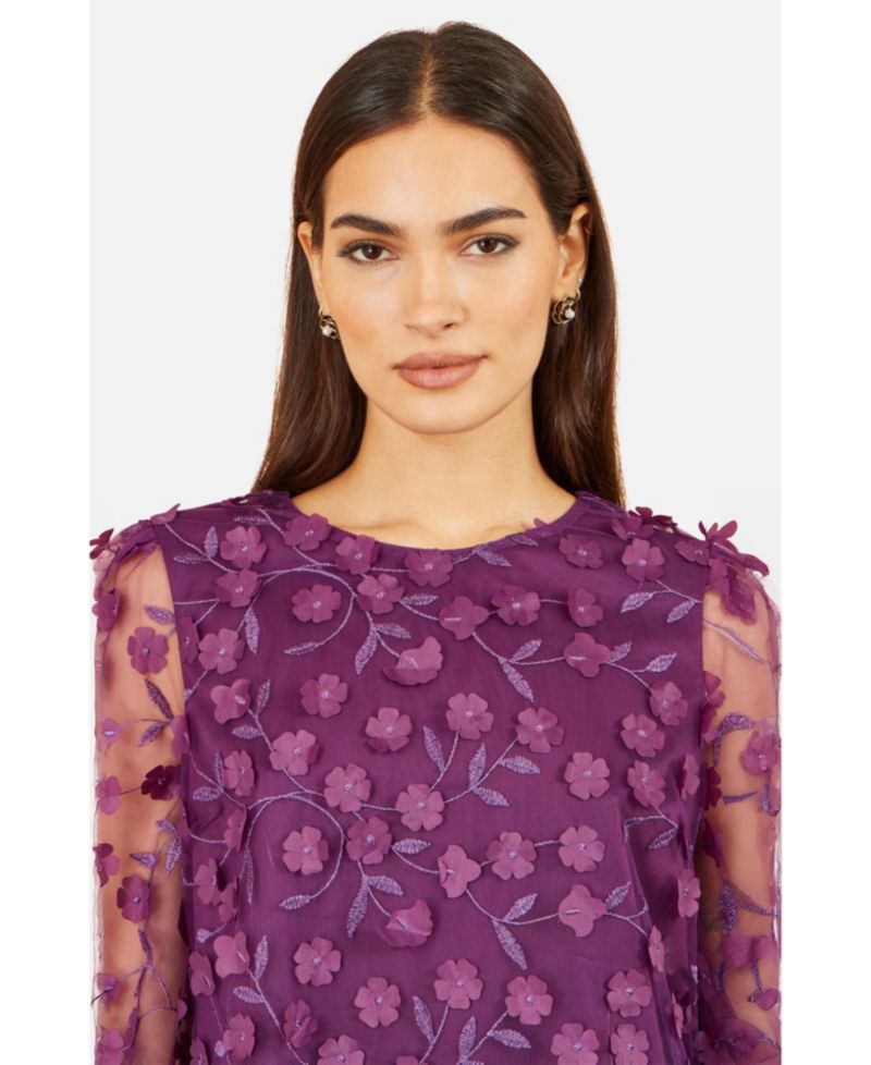 Women's Floral Applique Sheer Long-Sleeve Blouse