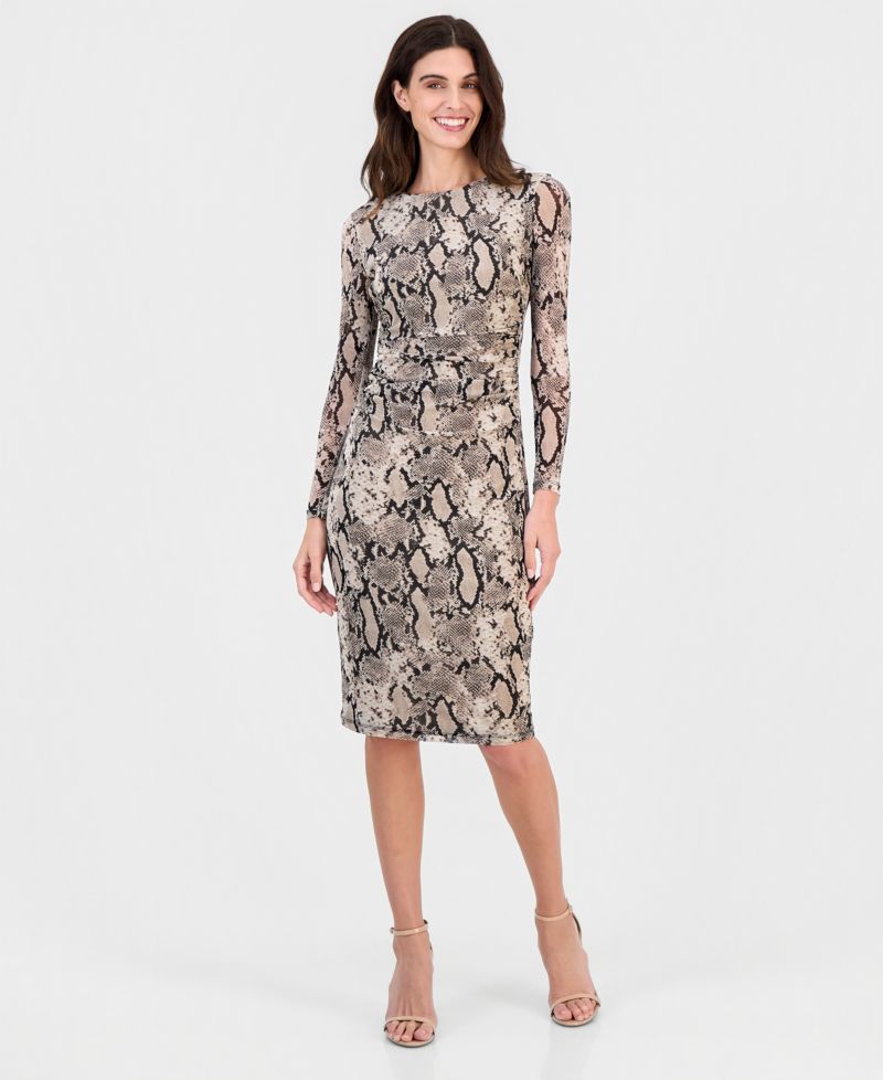nne Klein Petite Snake-Print Shirred-Waist Long-Sleeve Midi Dress