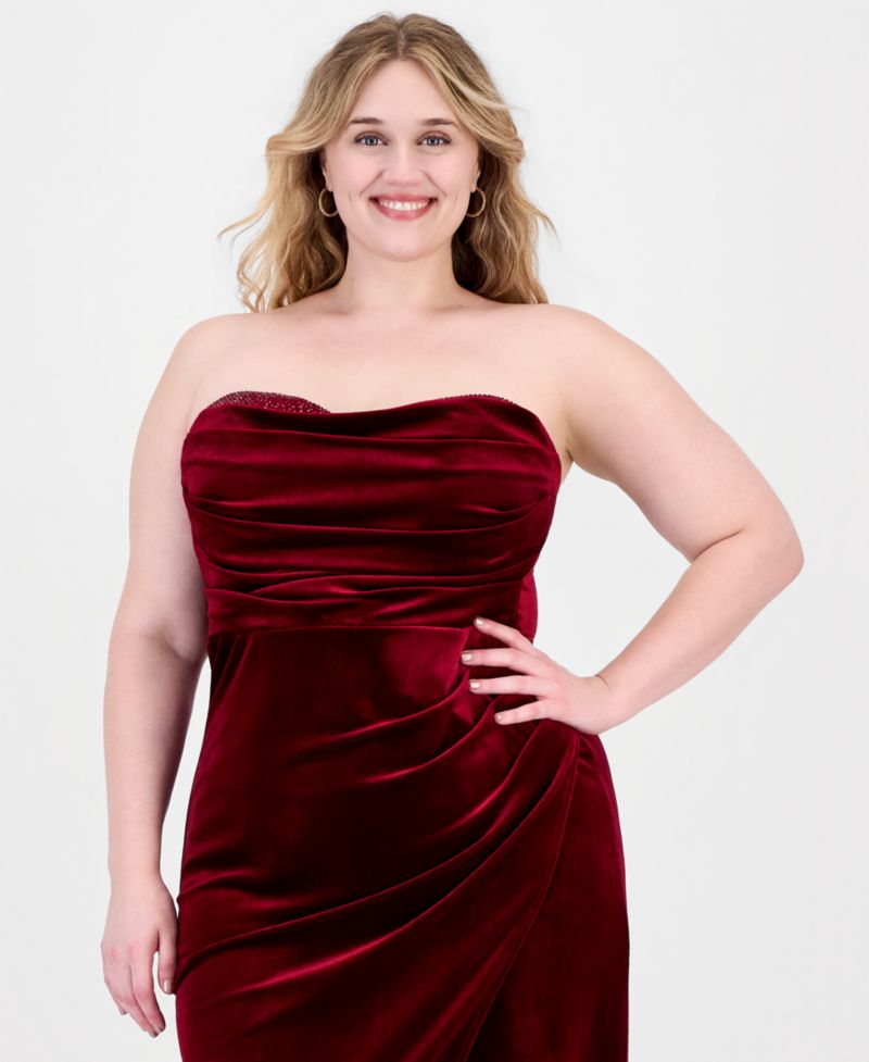 Plus Size Strapless Velvet Embellished Midi Dress