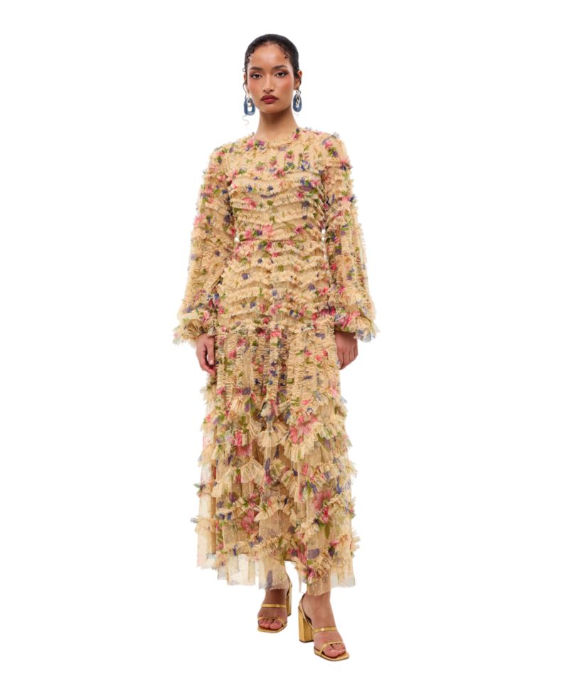 Women's Long Sleeve Floral-Print Ruffle Dress