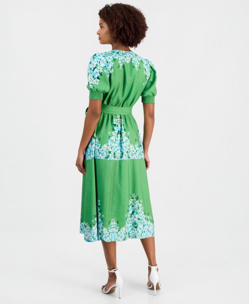 Women's Belted Printed Button-Front Midi Dress