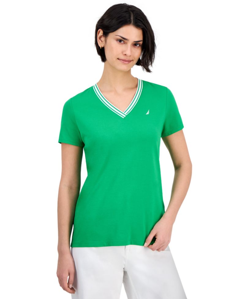 Women's Solid Stripe-Trim V-Neck Top