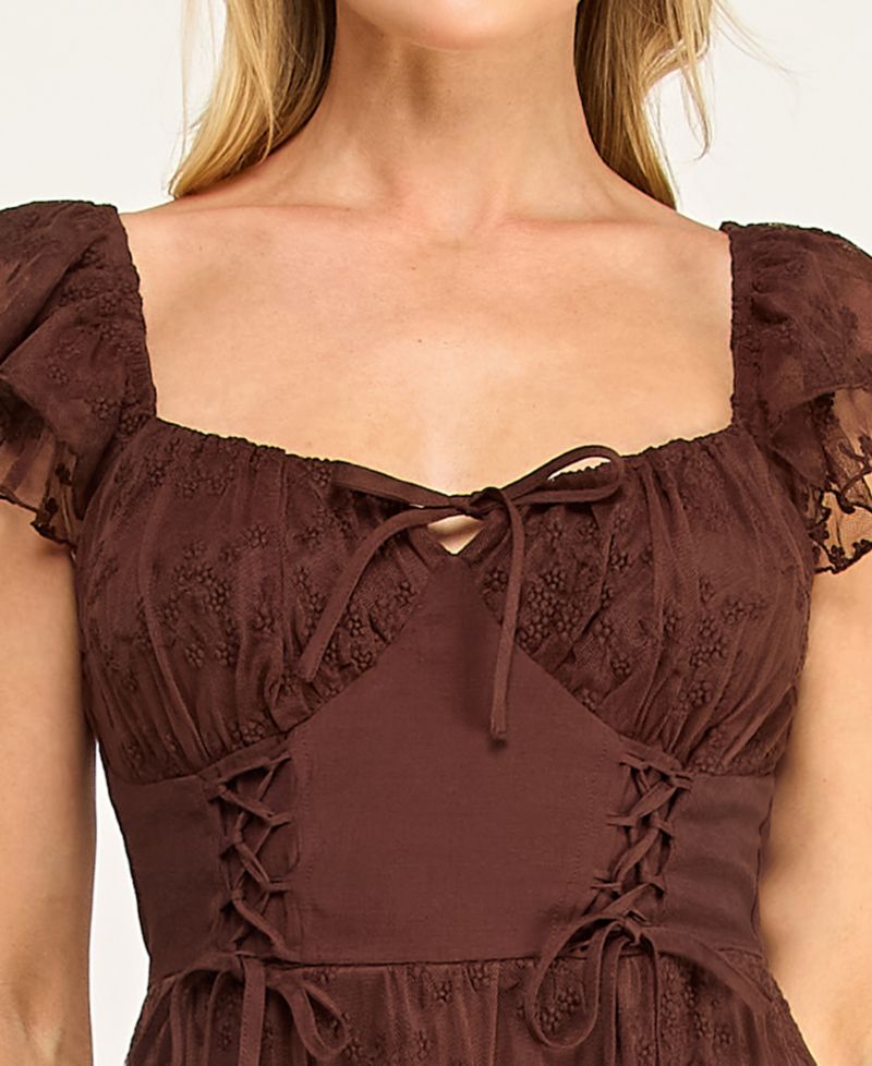Juniors' Sweetheart-Neck Flutter-Sleeve Lace Midi Dress