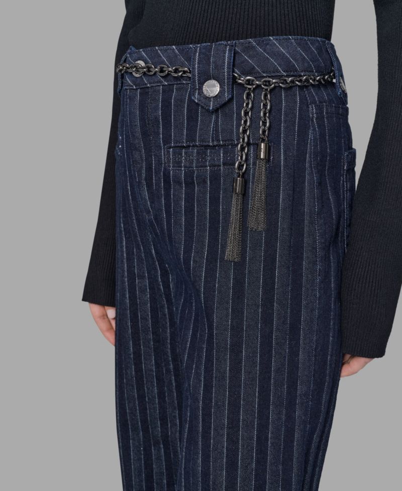 Women's Striped Denim Belted Wide-Leg Pants