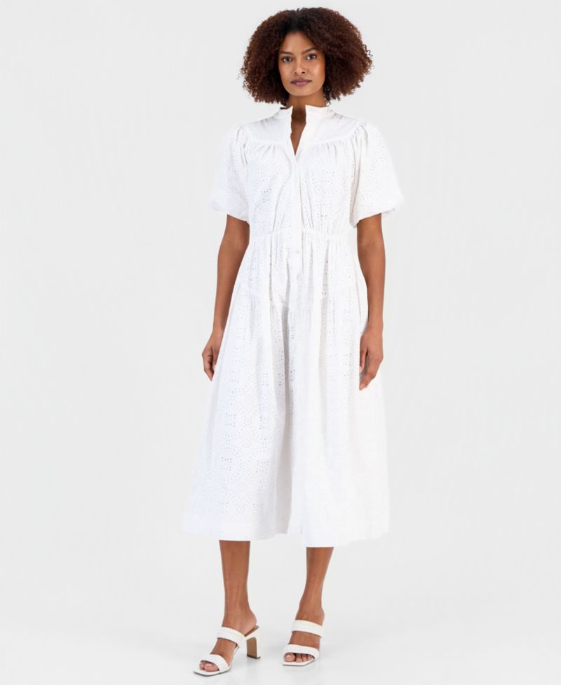 Women's Cotton Button-Front Tiered Dress