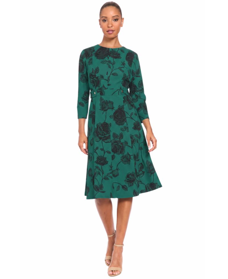 Petite Printed Side Tab Floral A-Line 3/4-Sleeve Midi Dress