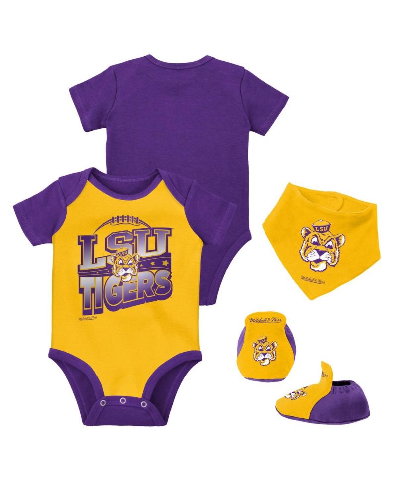 Baby Boys and Girls Purple, Gold LSU Tigers 3-Pack Bodysuit, Bib and Bootie Set