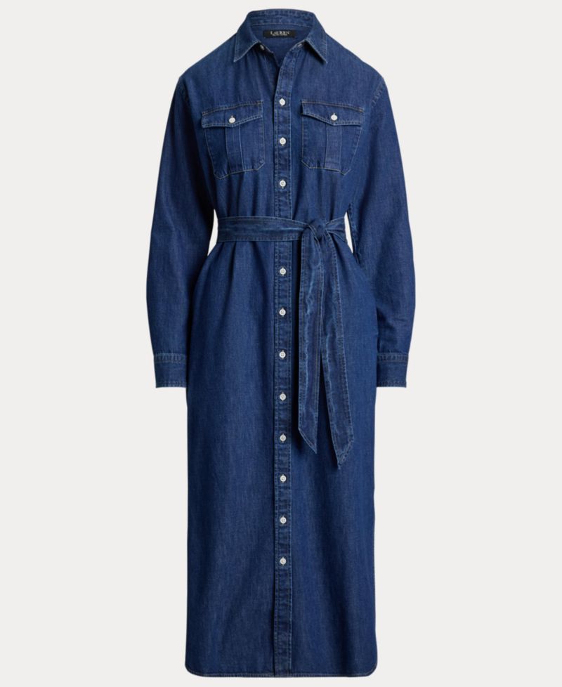 Women's Collared Belted Denim Midi Shirt-Dress