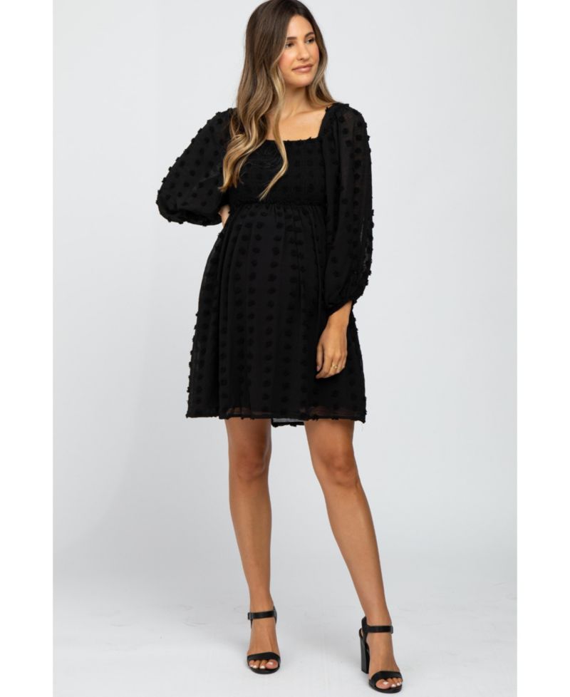 Women's Black Textured Dot Smocked Square Neck Chiffon Dress