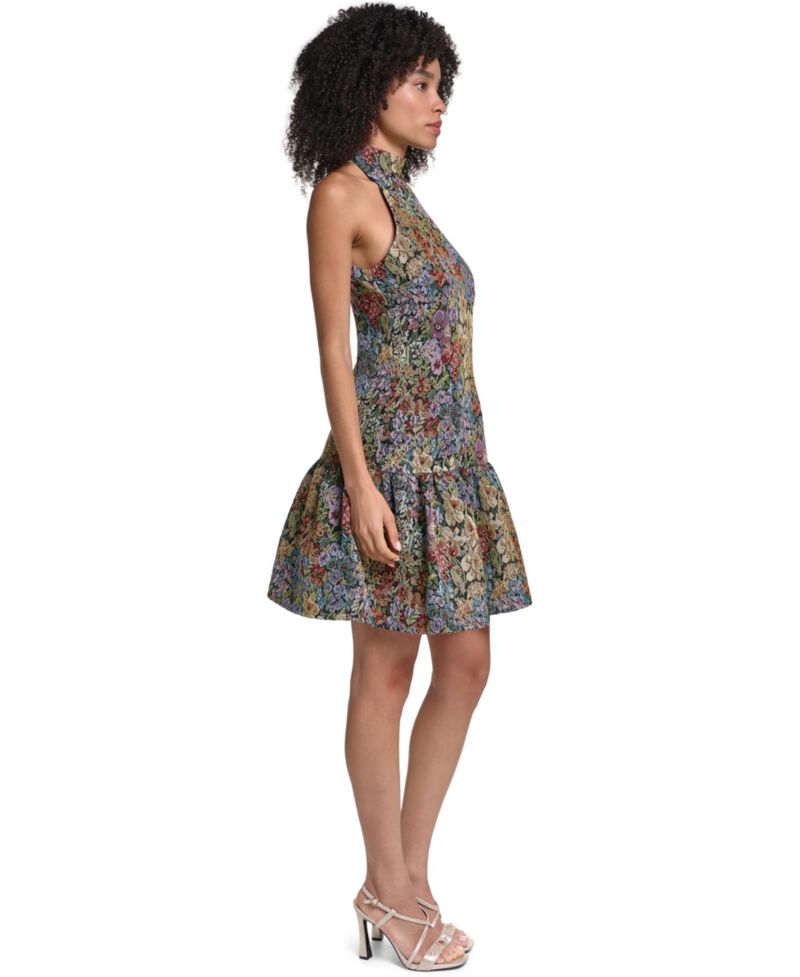Women's Floral-Tapestry Drop-Waist Halter Dress