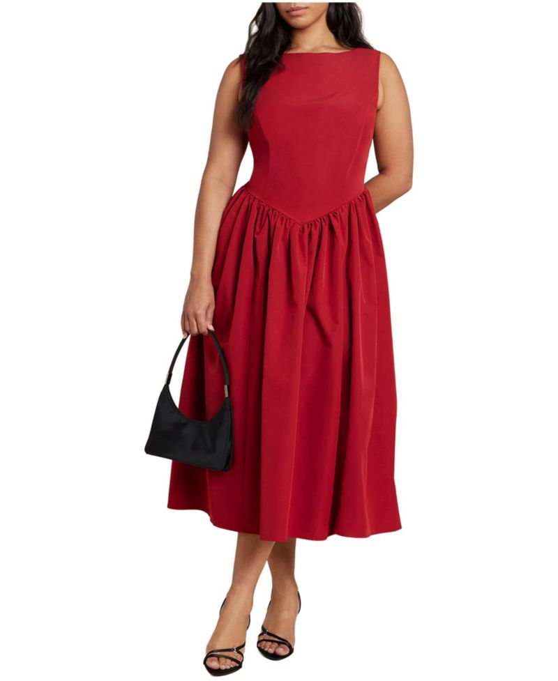 Plus Size Boat-Neck Fit-and-Flare Taffeta Midi Dress