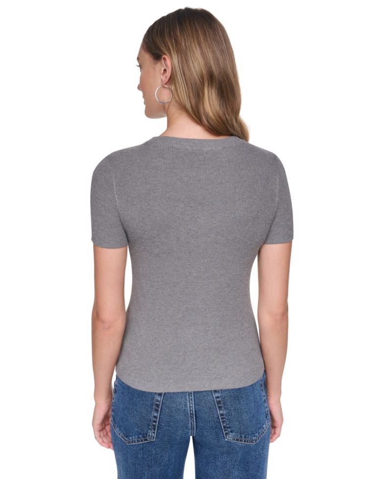 Women's Embellished Ribbed-Knit Short-Sleeve Crewneck Sweater