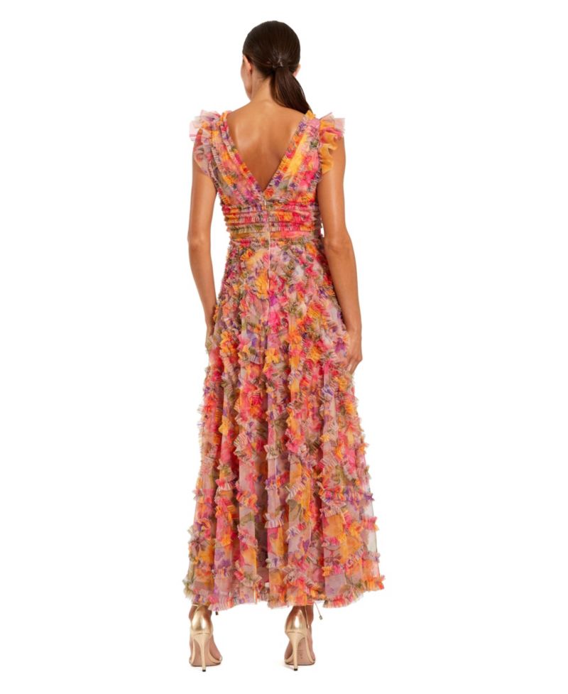 Petite Multicolor Floral V-Neck Ruffle Maxi Dress