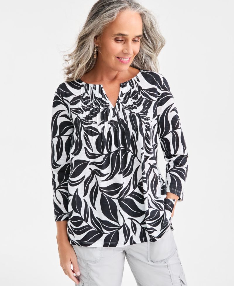 Women's Printed Split-Neck Pintucked Knit Top