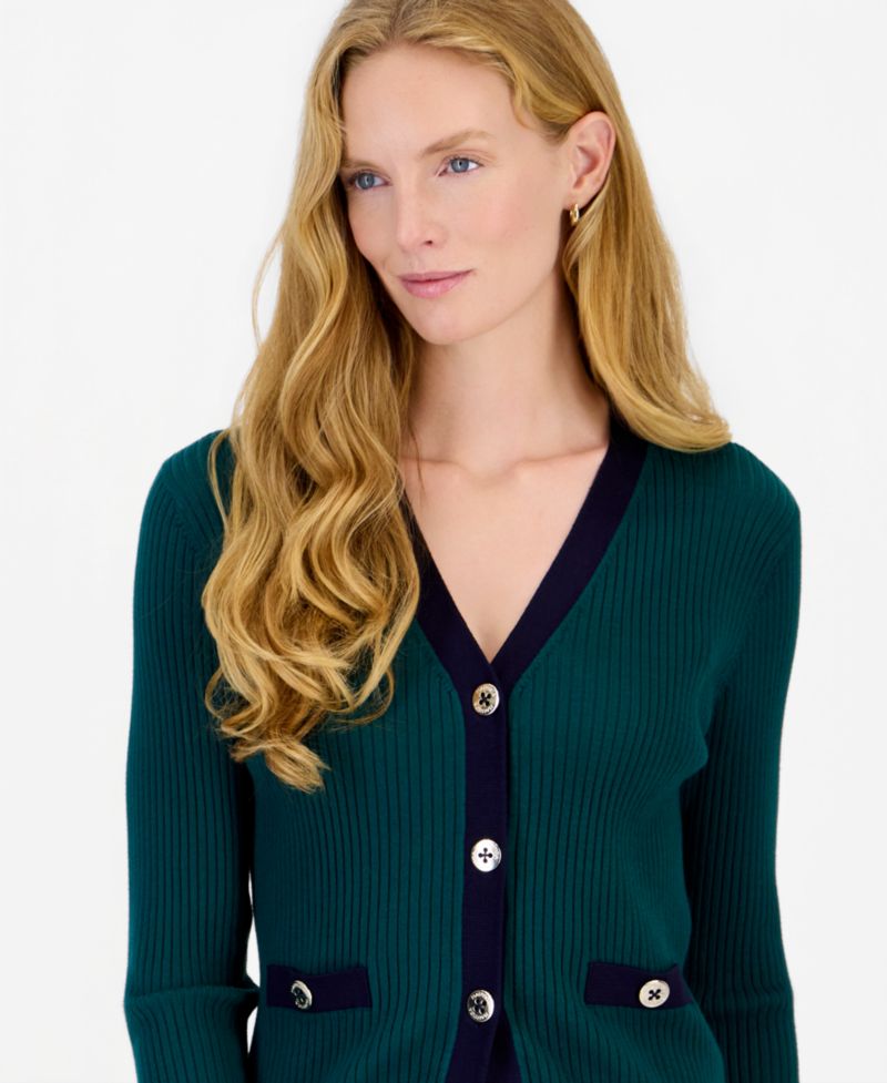 Women's Ribbed Tipped V-Neck Cardigan