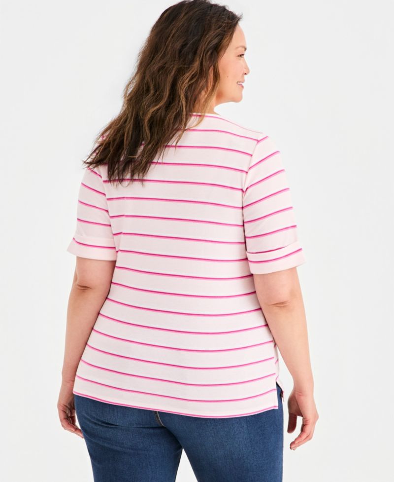 Petite Multi-Stripe Boat-Neck Elbow-Sleeve Top