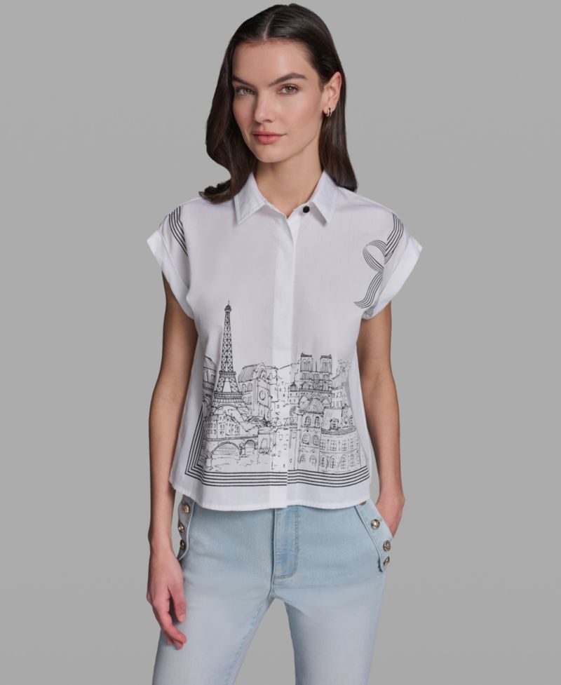 Petite Bow Scenic Poplin Collared Shirt