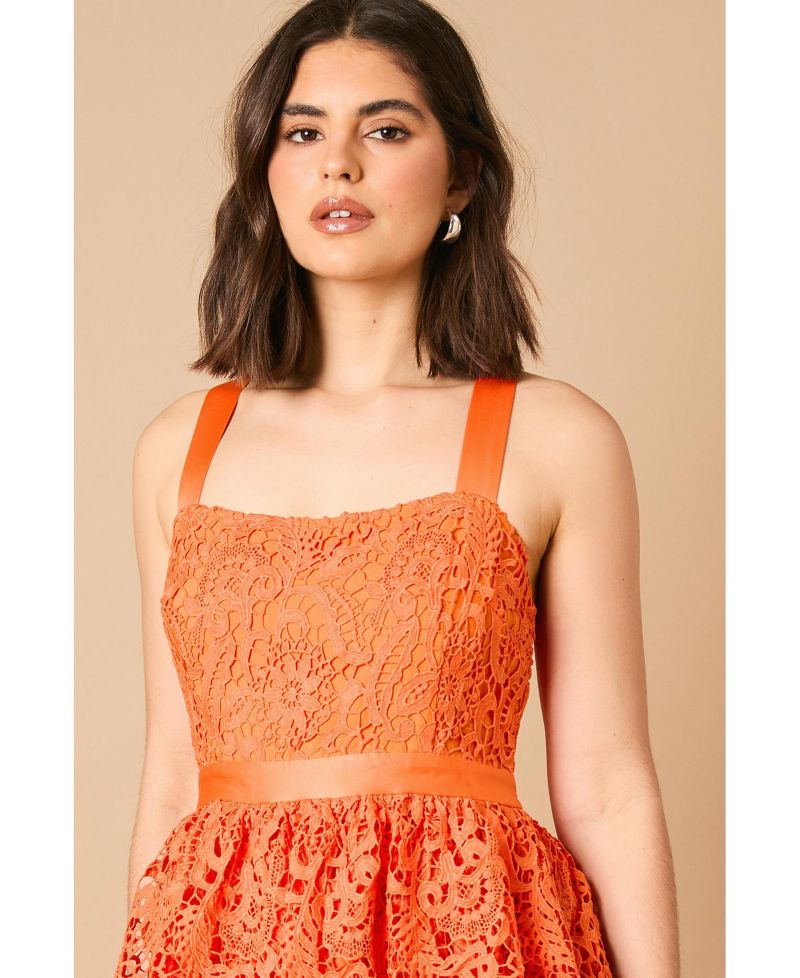 Women's Cross Strap Tiered Lace Midi Dress