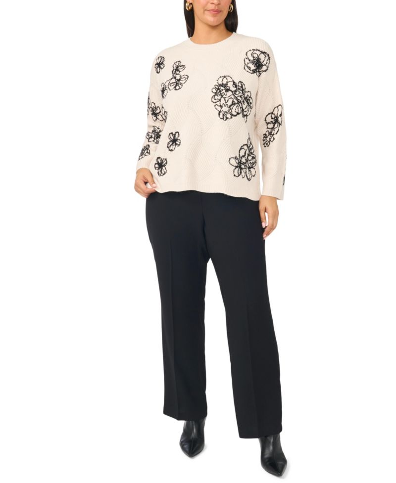 Plus Size Floral-Embroidered Long-Sleeve Crewneck Sweater