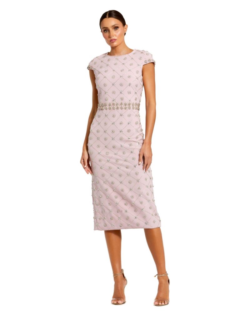 Women's Hand Embellished High Neck Cap Sleeve Midi Dress