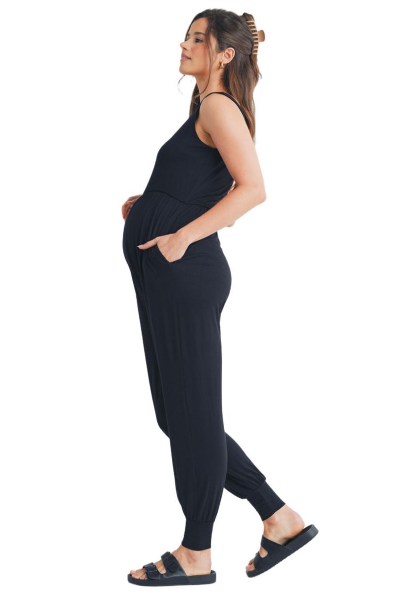 Maternity Sleeveless Scoop Neck Jumpsuit with Pockets