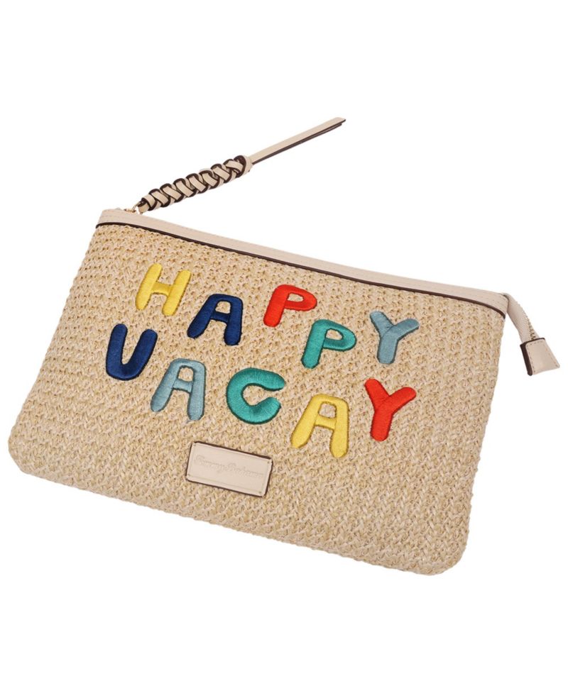 Happy Vacay Raffia Clutch - Woven Straw Zip Pouch with Embroidered Lettering