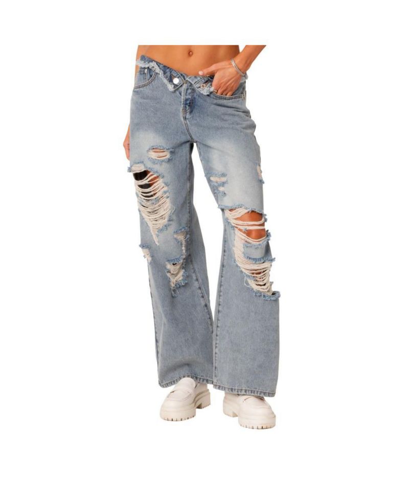 Women's Foldover Waist Jeans With Row Hem And Distressed Details
