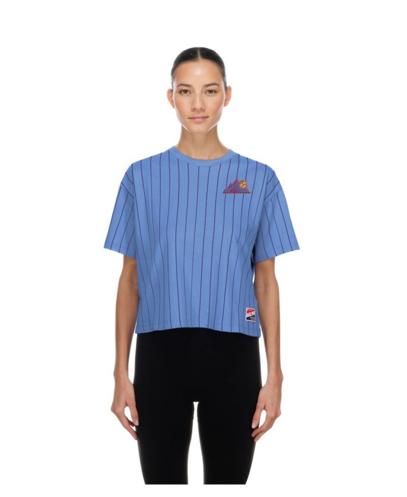 Women's Light Blue Colorado Rockies City Connect Throwback Meshback Pinstripe Boxy T-Shirt