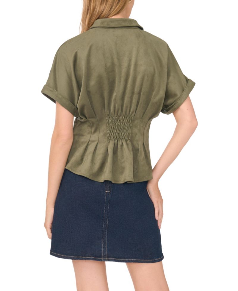 Women's Collared Short-Dolman-Sleeve Pleated-Waist Blouse
