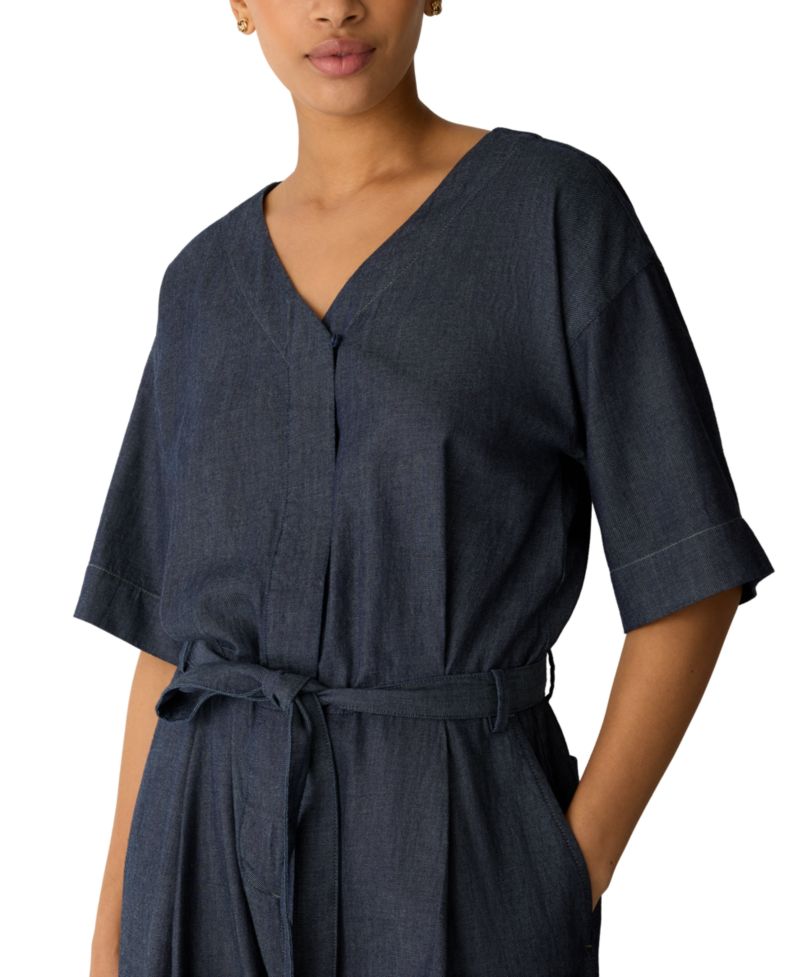 Eileen Fisher Petite Airy Cotton Twill Short-Sleeve Wide-Leg Belted Jumpsuit