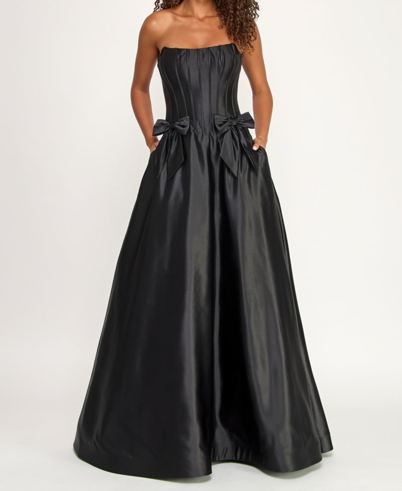 Juniors Strapless Satin Ball Gown with Waist Bows and Corset Bodice