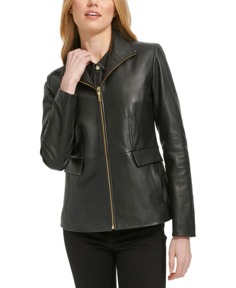 Petite Wing-Collar Leather Jacket