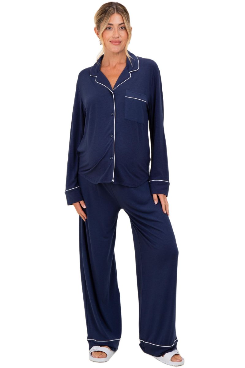 Women's Dark Navy Button Down Top Wide Leg Pant Pajama Set