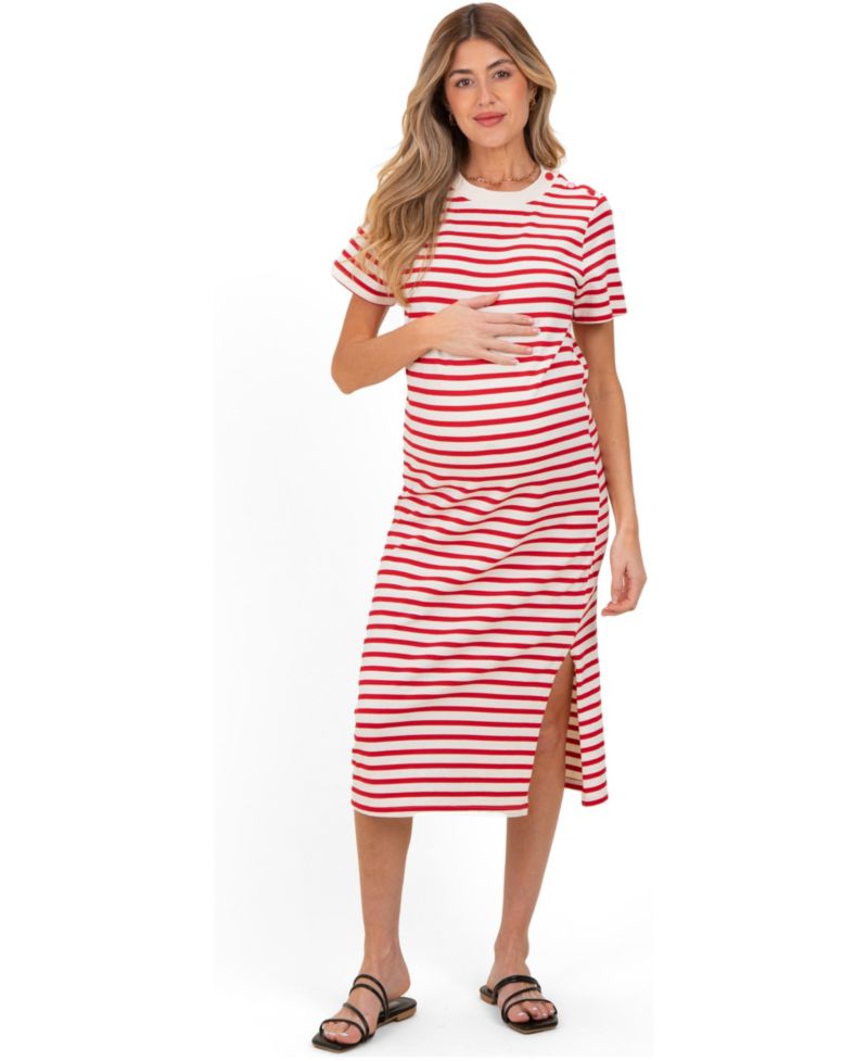 Women's Navy Striped Short Sleeve Midi Dress