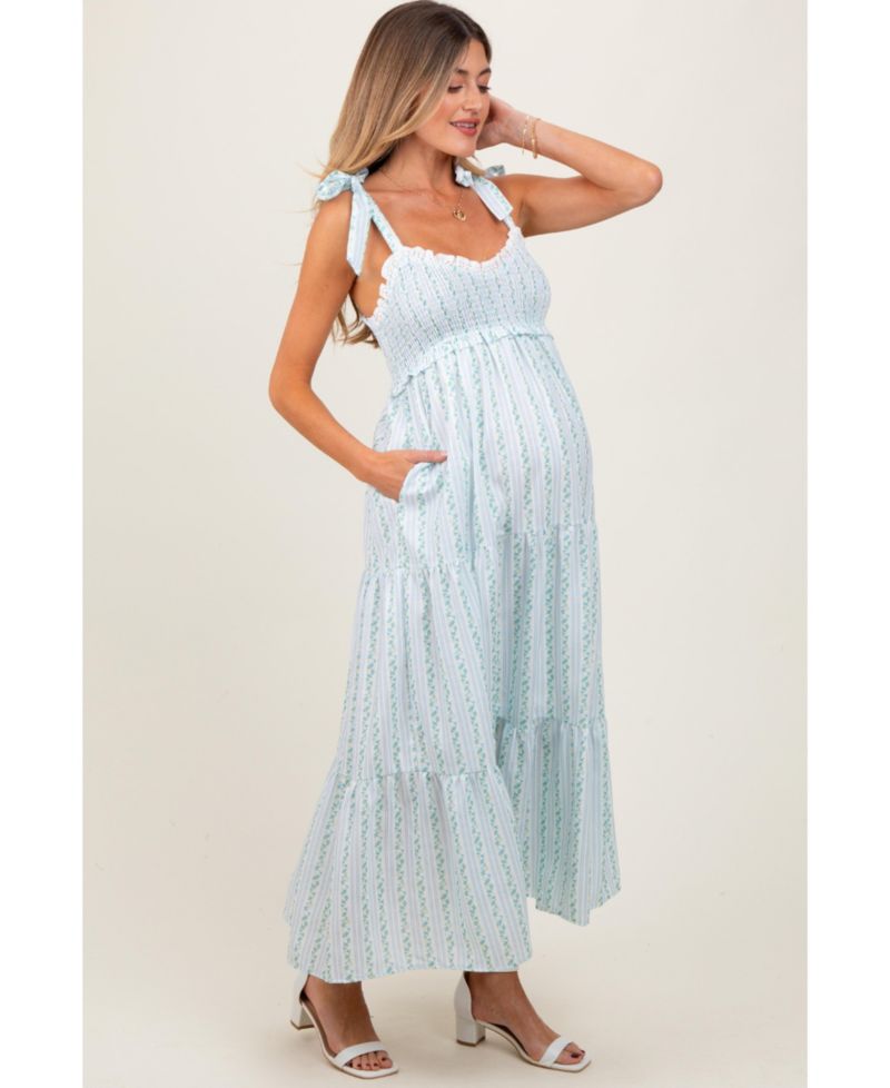 Women's Floral Striped Smocked Shoulder Tie Maxi Dress