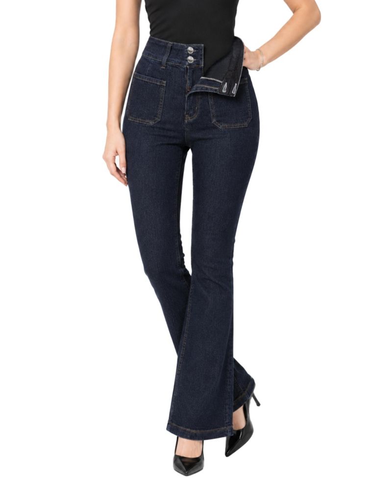 Women's Dark Rinse Tummy Control Bootcut Jean with Back Patch Pocket Embroidery Detail