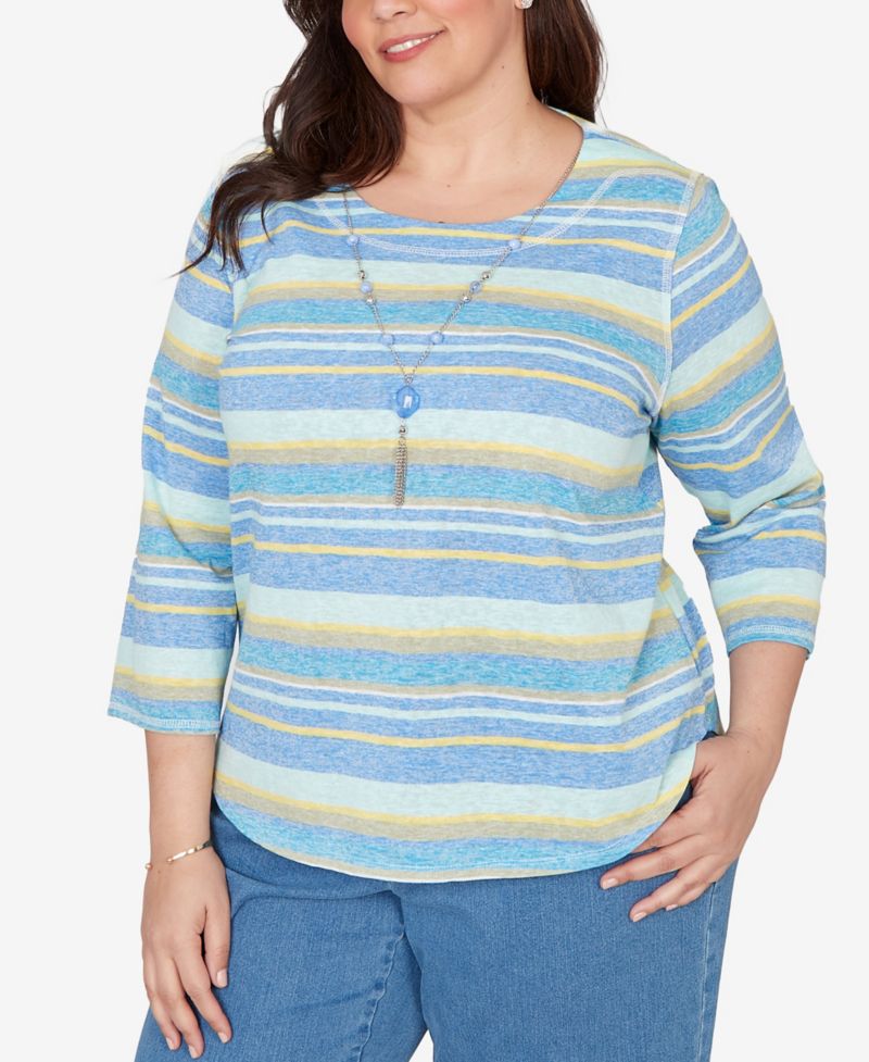 Plus Size Beachcomber Coastal Striped Top with Necklace