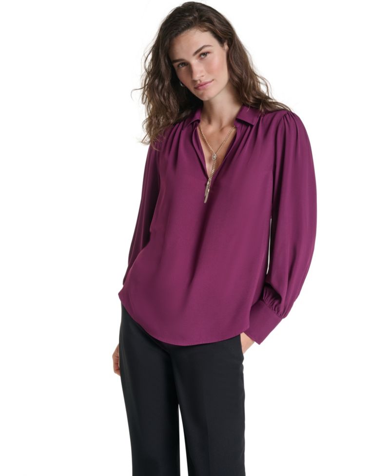 Petite Long-Sleeve Collared Blouse