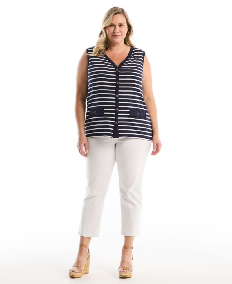 Plus Size Striped Button-Front Sleeveless Tank Top