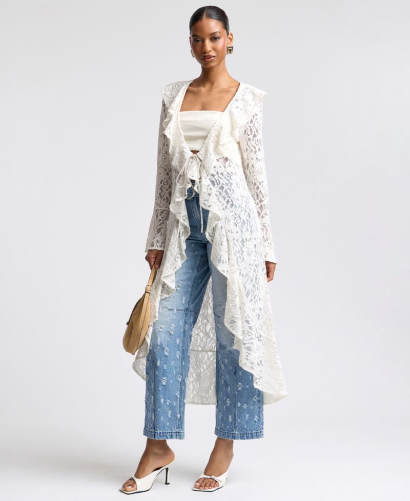 Women's Ruffle Tie-Front Lace Topper