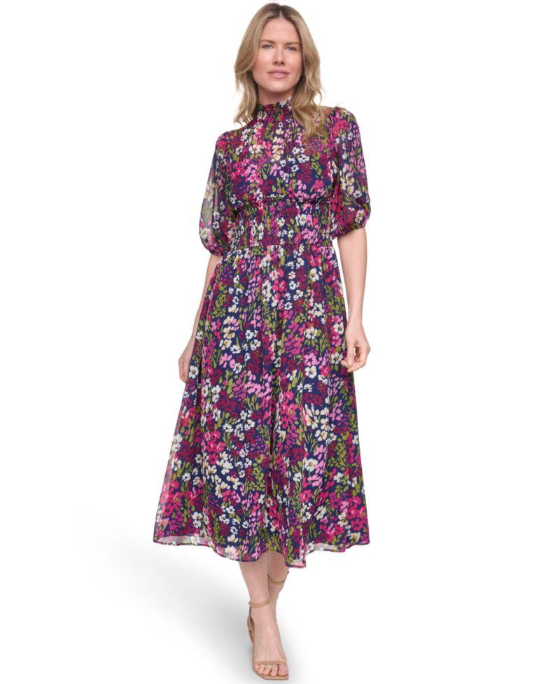 Petite Mock Neck Elbow-Sleeve Smocked Waist Midi Dress
