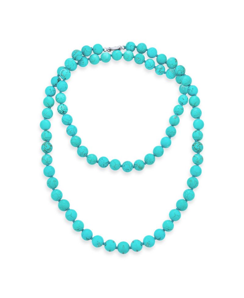 Long Strand Double Wrap Layer Blue Turquoise Necklace .925 Sterling Silver
