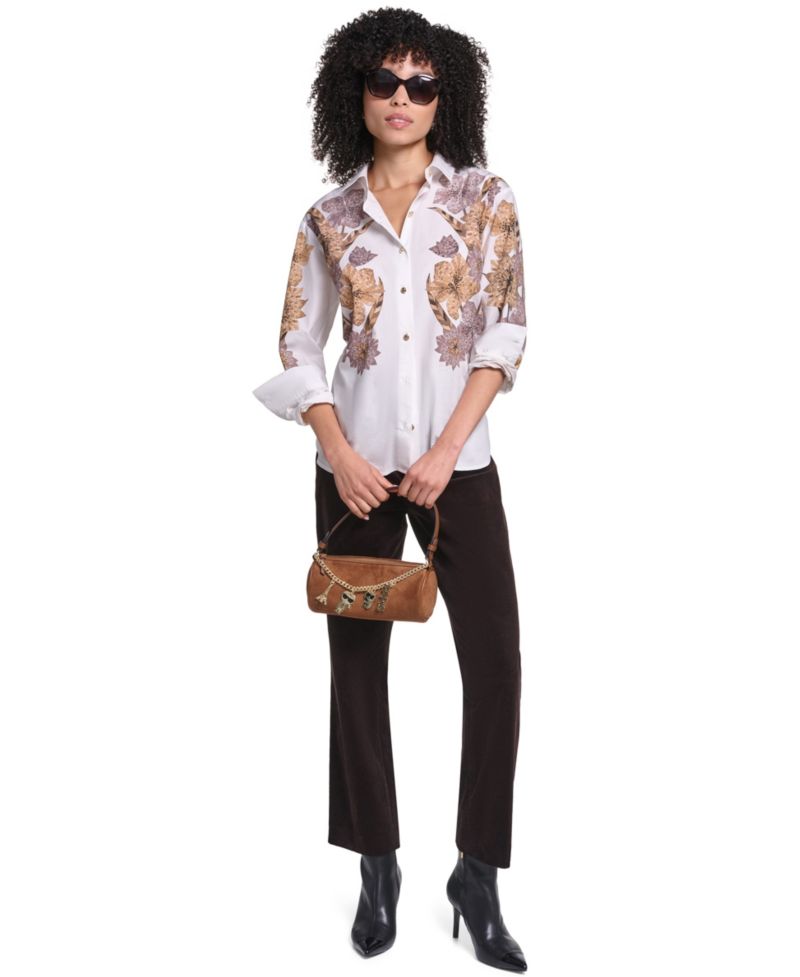 Women's Floral-Print Long-Sleeve Hotfix Rhinestone Blouse