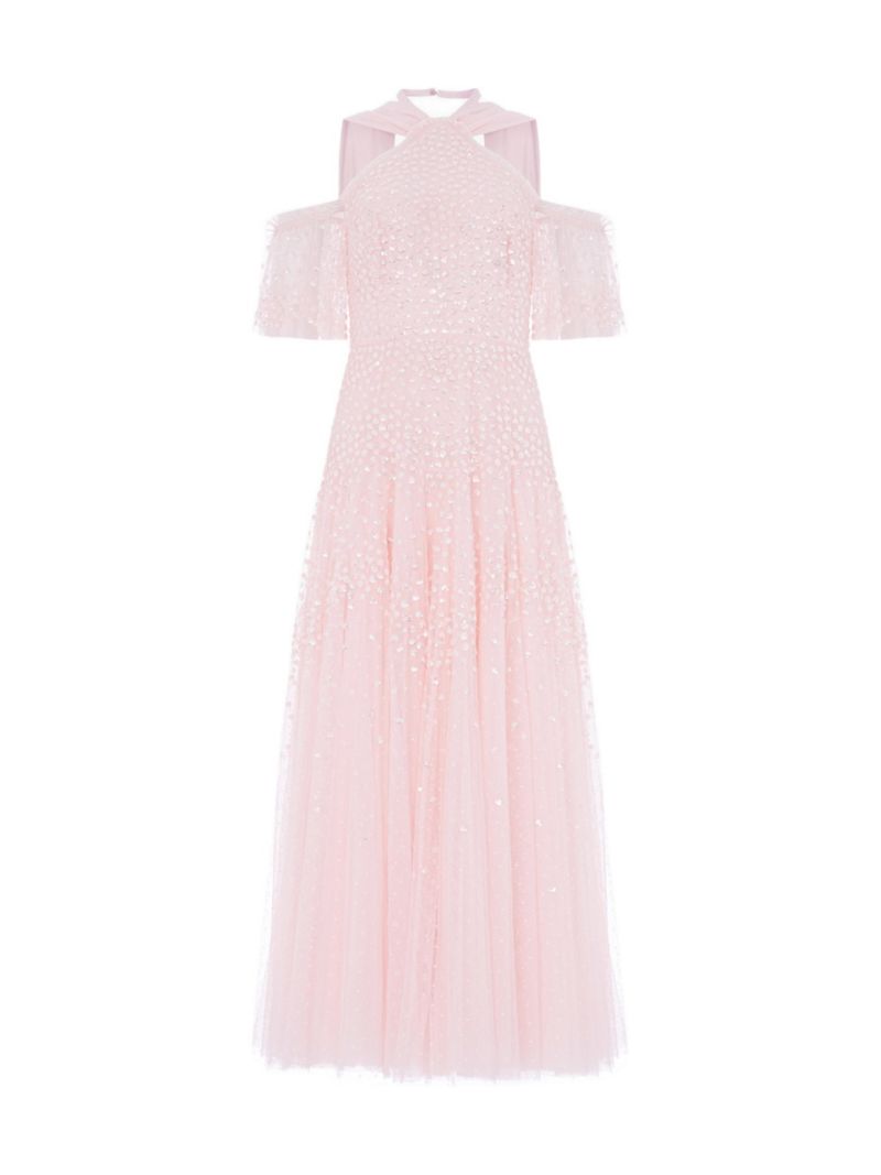 Women's Scallop Sequin Halter-Neck Ankle Gown